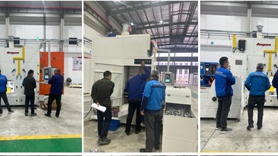 橡膠減震客戶寧波拓普 現(xiàn)場驗收鏈式外圓滾涂機